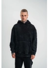 Uzun Kol Kapşonlu Yıkamalı Nakışlı SweatShirt - Siyah