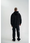 Uzun Kol Kapşonlu Yıkamalı Nakışlı SweatShirt - Siyah