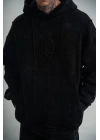 Uzun Kol Kapşonlu Yıkamalı Nakışlı SweatShirt - Siyah