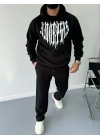 Uzun Kol Kapüşonlu Baskılı SweatShirt - Siyah -
