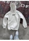 Uzun Kol Kapüşonlu Göğüs Baskılı SweatShirt - Beyaz -