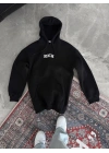 Uzun Kol Kapüşonlu Göğüs Baskılı SweatShirt - Siyah -