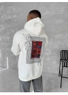 Uzun Kol Kapüşonlu Ön Ve Arka Baskılı SweatShirt - Beyaz -