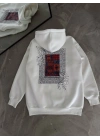 Uzun Kol Kapüşonlu Ön Ve Arka Baskılı SweatShirt - Beyaz -