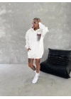 Uzun Kol Kapüşonlu Ön Ve Arka Baskılı SweatShirt - Beyaz -