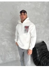 Uzun Kol Kapüşonlu Ön Ve Arka Baskılı SweatShirt - Beyaz -