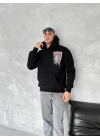 Uzun Kol Kapüşonlu Ön Ve Arka Baskılı SweatShirt - Siyah -