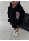 Uzun Kol Kapüşonlu Ön Ve Arka Baskılı SweatShirt - Siyah -
