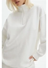 Uzun Kol Yarım Farmuarlı Yakalı Basic SweatShirt - Beyaz