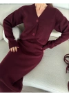 V Yaka 3 Düğmeli Hırka Takım Triko İkili Etekli - Bordo -