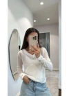 V Yaka uzun Kollu Triko ince Bluz - Beyaz