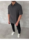 Yakalı Patlı Kısa Kol T-shirt - Antrasit -