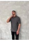 Yakalı Patlı Kısa Kol T-shirt - Antrasit -