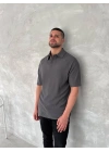 Yakalı Patlı Kısa Kol T-shirt - Antrasit -
