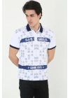 Yakalı Slim Fit Baskılı T-Shirt - Beyaz -