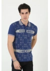 Yakalı Slim Fit Baskılı T-Shirt - Mavi -