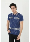 Yakalı Slim Fit Baskılı T-Shirt - Mavi -