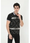 Yakalı Slim Fit Baskılı T-Shirt - Siyah -