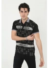 Yakalı Slim Fit Baskılı T-Shirt - Siyah -