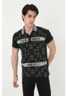 Yakalı Slim Fit Baskılı T-Shirt - Siyah -