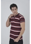 Yakalı Slim Fit Dokuma Çizgili T-Shirt - Bordo -