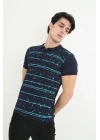Yakalı Slim Fit Pike Çizgili T-Shirt - Lacivert -