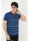 Yakalı Slim Fit Pike Çizgili T-Shirt - Mavi -