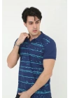 Yakalı Slim Fit Pike Çizgili T-Shirt - Mavi -