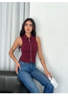 Yakalı Tam Fermuarlı Kolsuz Bluz - Bordo -
