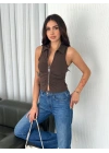 Yakalı Tam Fermuarlı Kolsuz Bluz - Kahverengi -