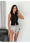 Yakalı Tam Fermuarlı Kolsuz Bluz - Siyah -