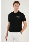 Yakası Düğmeli Yakalı Pike Baskılı T-Shirt - Siyah -
