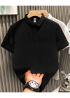 Yakası Düğmeli Yakalı Pike Düz T-Shirt - Siyah -