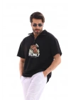 Yarım Fermuarlı Oversize Baskılı T-Shirt - Siyah -