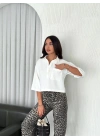 Z Krep   Crop Yakalı Gömlek İlik Düğmeli Üç Çeyrek Sleeve Kol - Beyaz -