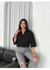 Z Krep   Crop Yakalı Gömlek İlik Düğmeli Üç Çeyrek Sleeve Kol - Siyah -