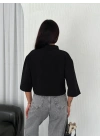 Z Krep   Crop Yakalı Gömlek İlik Düğmeli Üç Çeyrek Sleeve Kol - Siyah -
