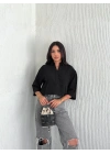 Z Krep   Crop Yakalı Gömlek İlik Düğmeli Üç Çeyrek Sleeve Kol - Siyah -