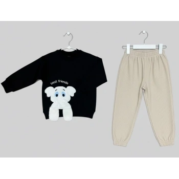 1-2-3 Yaş Filli Sallanan Ayak Desenli Likra Penye Kumaş Sweat Pantolonlu Kız Erkek 2li Çocuk Takımı Siyah