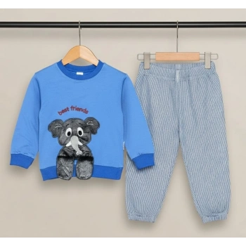 1-2-3 Yaş Filli Sallanan Ayak Desenli Likra Penye Kumaş Sweat Pantolonlu  Erkek 2li Çocuk Takımı