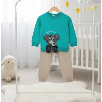 1-2-3 Yaş Filli Sallanan Ayak Desenli Likra Penye Kumaş Sweat Pantolonlu Kız Erkek 2li Çocuk Takımı Mint Yeşili