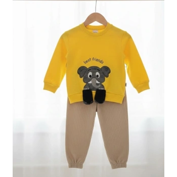 1-2-3 Yaş Filli Sallanan Ayak Desenli Likra Penye Kumaş Sweat Pantolonlu Kız Erkek 2li Çocuk Takımı Sarı