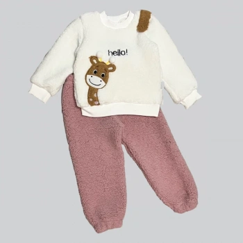 1-2-3 Yaş Hello Zürafa Nakışlı Kuzu Kumaş Sweat Pantolon Uzun Kollu Kız Erkek 2 Li Takımı Gül Kurusu