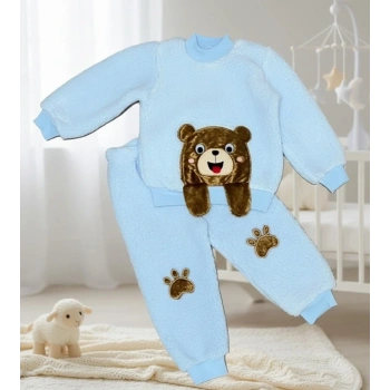 1-2-3 Yaş Sallanan El Ayıcıklı Kuzu Kumaş Sweat Patili Pantolon Uzun Kollu Kız Erkek 2 Li Takımı Mavi