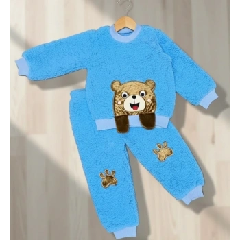 1-2-3 Yaş Sallanan El Ayıcıklı Kuzu Kumaş Sweat Patili Pantolon Uzun Kollu Kız Erkek 2 Li Takımı Saks Mavisi