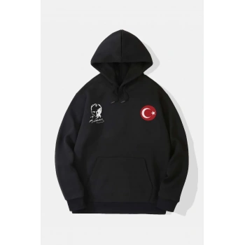 10 Kasıma Özel Üç İplik Kapüşonlu Baskılı SweatShirt - Siyah -