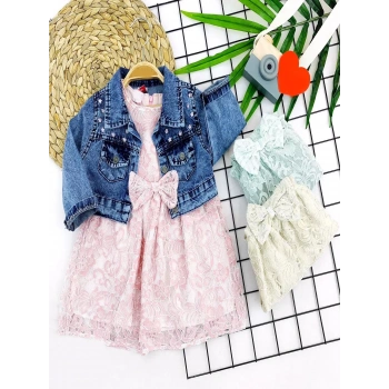 2-3-4-5 Yaş Kot Ceketli Astarlı Güpürlü 2li Kız Çocuk Elbisesi Pembe