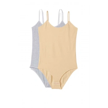 2 Adet İp Askılı Kadın Çıtçıtlı Body Gri ve Ten