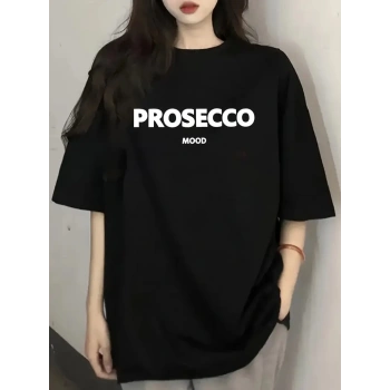 20/1 Penye Compack Baskılı Oversize Kısa Kol Bisiklet Yaka T-shirt - Siyah -