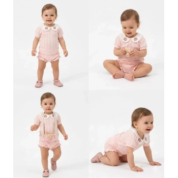 3/12 Ay Çiçekli Yaka Jakar Kumaş Şortlu Bebek Takımı